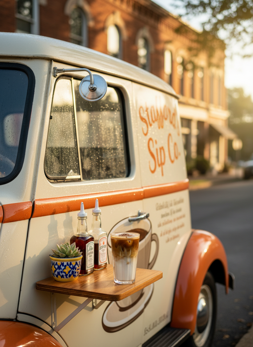 A cozy, early-morning scene featuring the Stafford’s Sip Co. truck parked on a quiet street in Robertson County, captured in soft photographic realism. The truck’s playful branding and large logo cup are gently illuminated by the first warm rays of sunrise, which reflect off dew-speckled paint. On a small fold-out ledge, a single iced coffee sits in a clear cup, layers of espresso and cream mixing slowly, with a dusting of cocoa on top. A few syrup bottles and a small potted plant in a colorful container add charm. The background shows softly blurred brick buildings and trees just coming into focus in the warm light. The mood is calm, inviting, and slightly whimsical, with a centered composition highlighting both the truck exterior and the handcrafted drink.
