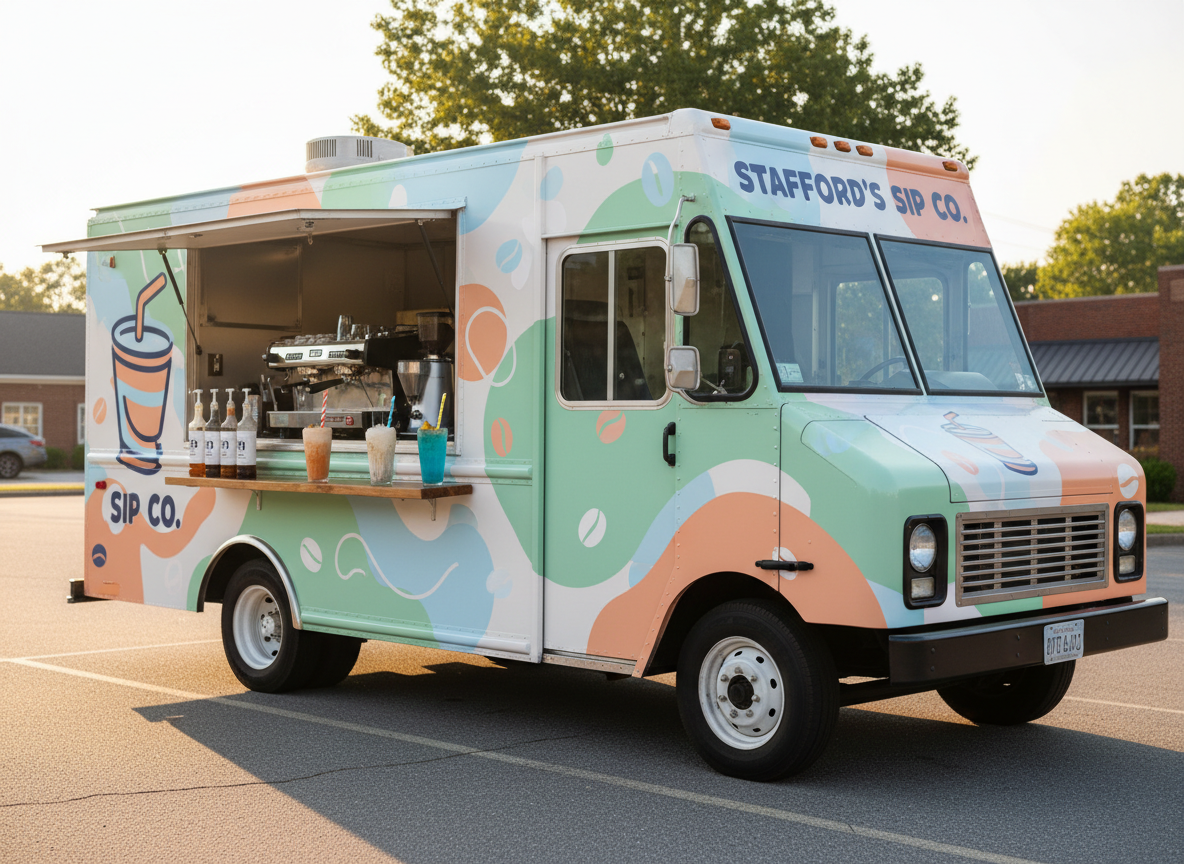 A vibrant mobile coffee truck named “Stafford’s Sip Co.” parked in a sunny Springfield, Tennessee lot, its exterior wrapped in playful pastel colors and a bold, abstract logo of a stylized cup and straw. The serving window is open, revealing gleaming stainless-steel espresso equipment and neatly arranged pumps of flavored syrups. On the side ledge, a lineup of photorealistic drinks—iced coffee, creamy dirty soda, and a bright energy drink infusion—are displayed in clear cups with colorful striped straws. Captured at golden hour from a three-quarter front angle, warm sunlight glows on the truck’s surface, casting soft shadows and a cheerful, welcoming mood, with gently blurred trees and small-town buildings in the background.