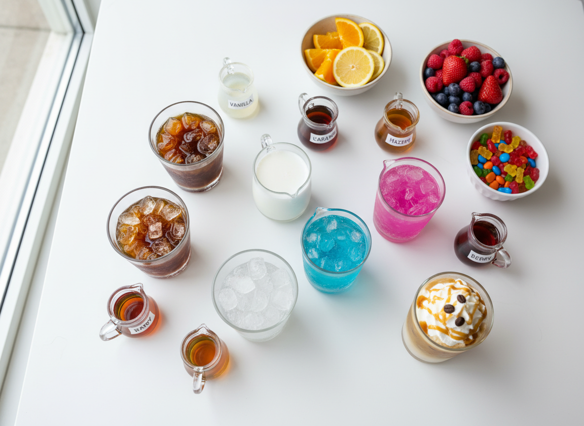 An overhead, flat-lay photographic image of a colorful “build your drink” spread inspired by Stafford’s Sip Co. On a clean white tabletop, several clear cups are filled halfway with ice, arranged in a playful diagonal line. Surrounding them are small glass pitchers of dark cold brew, creamy milk, fizzy soda, and bright energy drink bases in neon pink and blue. Bowls of sliced citrus, berries, and candy pieces, plus miniature carafes of flavored syrups in different hues, suggest limitless customization. Soft, diffused daylight from a nearby window bathes the scene, minimizing harsh shadows and emphasizing the glossy, translucent textures. The composition uses the rule of thirds, with one completed drink—a layered iced coffee topped with whipped cream and drizzle—anchoring the frame, evoking a fun, creative, and interactive mood.