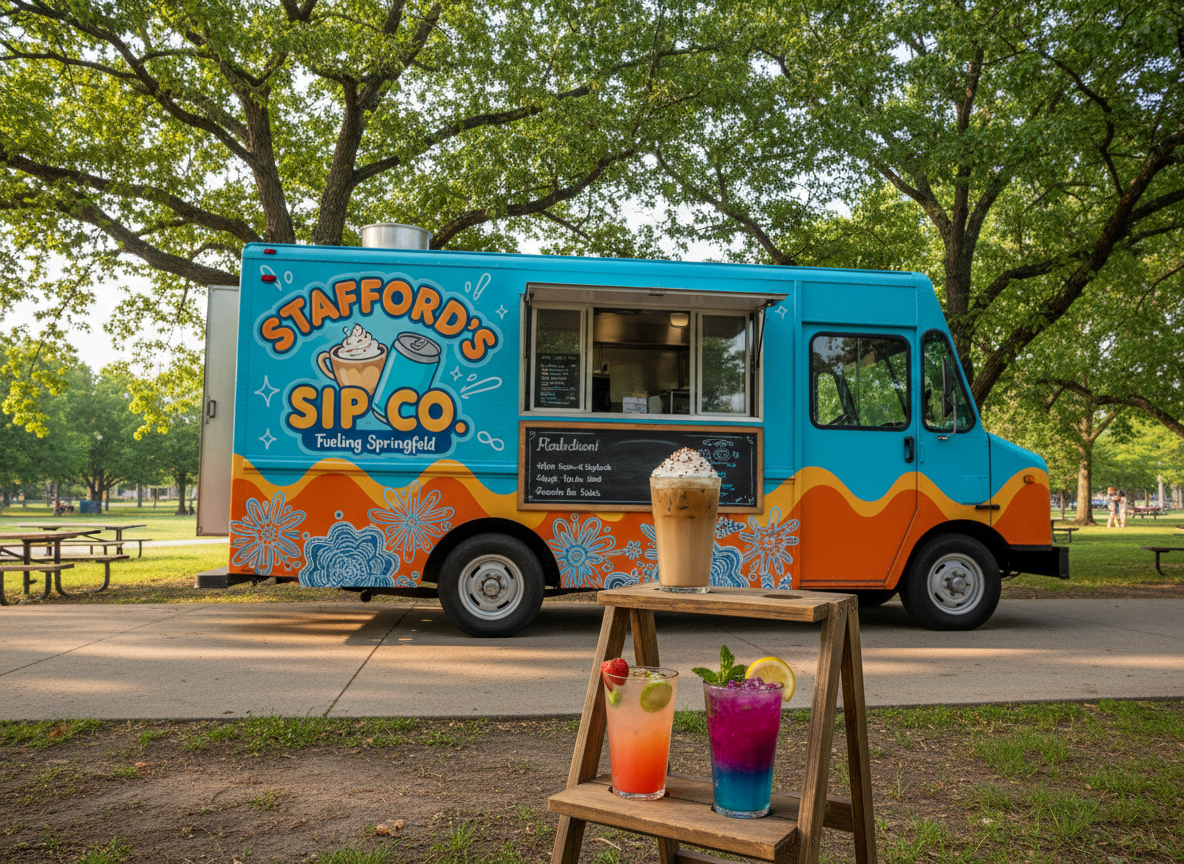 A wide, eye-level photograph of the Stafford’s Sip Co. truck set up at a local Springfield park, framed under leafy green trees. The truck’s exterior is brightly colored with a large, fun logo depicting a steaming cup and sparkling energy drink icons. A chalkboard-style menu graphic is visible on the side, but without readable text, just artistic shapes and lines. In front of the truck, a rustic wooden stand displays sample drinks: iced coffee with whipped topping, a pastel summer soda with fruit pieces, and a vivid Alani-style energy drink infusion in a clear cup. Soft late-afternoon natural light creates dappled patterns on the ground and gentle highlights on the cups, giving the scene a playful, community-focused mood with sharp focus on the truck and a slightly blurred park setting.