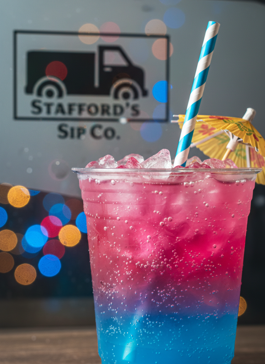 A dramatic close-up of a single Red Bull-style energy drink infusion from Stafford’s Sip Co., captured in photographic realism. The clear plastic cup is filled with ice and a vividly colored liquid that shifts from electric blue at the bottom to bright raspberry pink at the top, with tiny bubbles catching the light. A playful striped straw leans from the cup, and a subtle, out-of-focus Stafford’s Sip Co. truck logo appears on a panel in the background. Strong side lighting from a low angle creates sparkling highlights on each ice cube and pronounced bokeh from colorful lights behind, giving the image a bold, high-energy mood. Shot with a shallow depth of field, the drink is razor-sharp while the background melts into a vibrant, abstract blur.