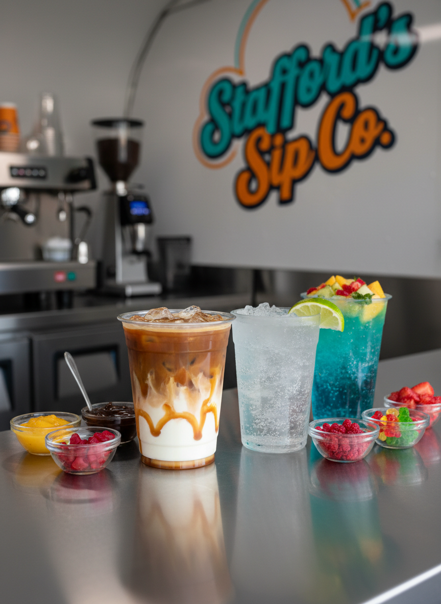 A close-up, photographic realism shot of a polished stainless-steel counter inside the Stafford’s Sip Co. truck, featuring a trio of customizable drinks. In the foreground, a large clear plastic cup overflows with iced coffee, layered with swirls of cream and caramel drizzle. Beside it, an effervescent dirty soda with clinking ice cubes and a wedge of lime, and a neon-colored Red Bull infusion in a tall cup, shimmering with carbonation. Small glass bowls of flavor add-ins, fruity purees, and colorful syrups surround them. Soft studio-style lighting from above creates crisp reflections on the metal surface and subtle highlights on the drinks, while the background is gently blurred, hinting at espresso machines and the truck’s playful logo, creating an energetic yet polished atmosphere.